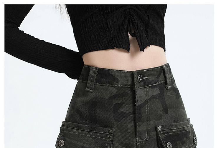 High Waist Camo Print Denim Mini A-Line Cargo Skirt