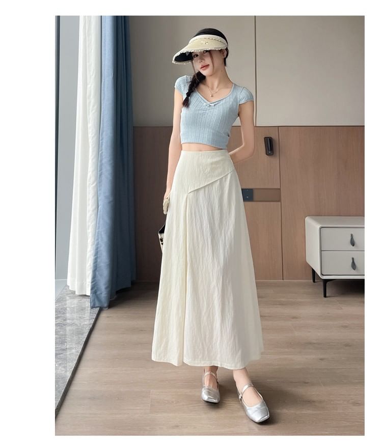 High Waist Plain Slit Midi A-Line Skirt