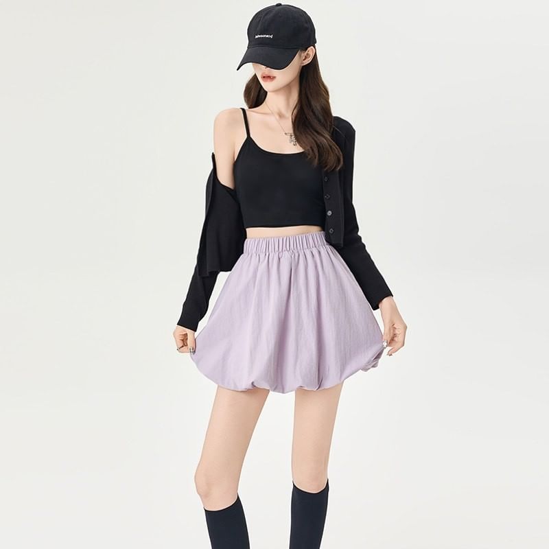 High Waist Plain Mini Balloon Skirt