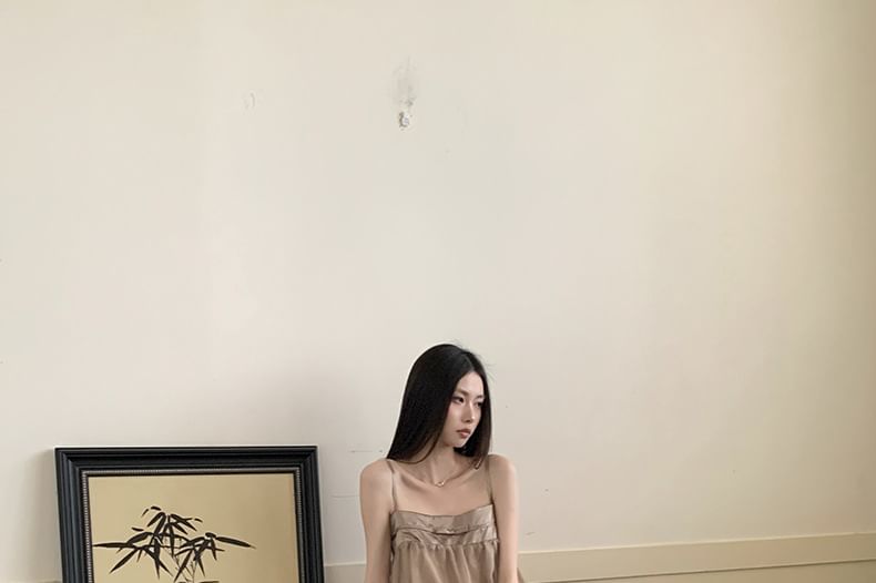 Mesh Panel Crop Camisole Top / High Waist Maxi A-Line Skirt