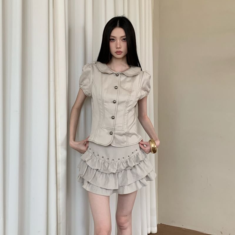 Short-Sleeve Peter Pan Collar Crop Shirt / Mini Tiered Skirt
