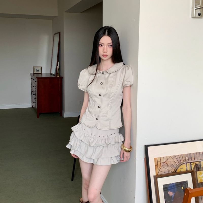 Short-Sleeve Peter Pan Collar Crop Shirt / Mini Tiered Skirt