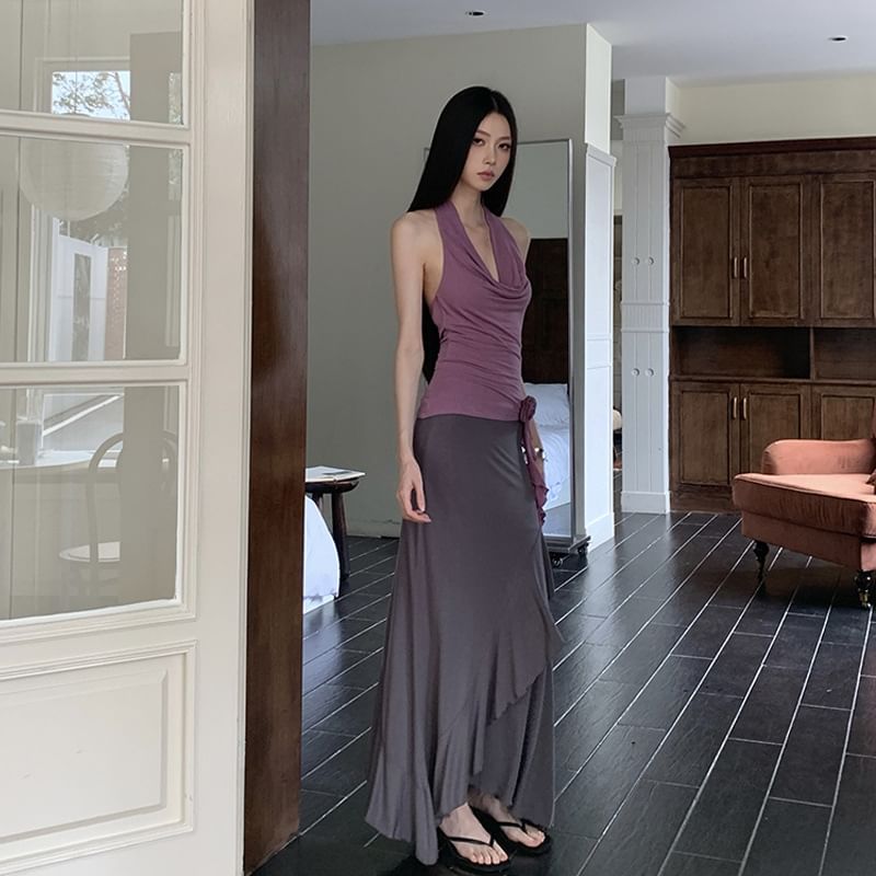 Sleeveless Draped Plain Top / Mid Waist Asymmetrical Maxi A-Line Skirt