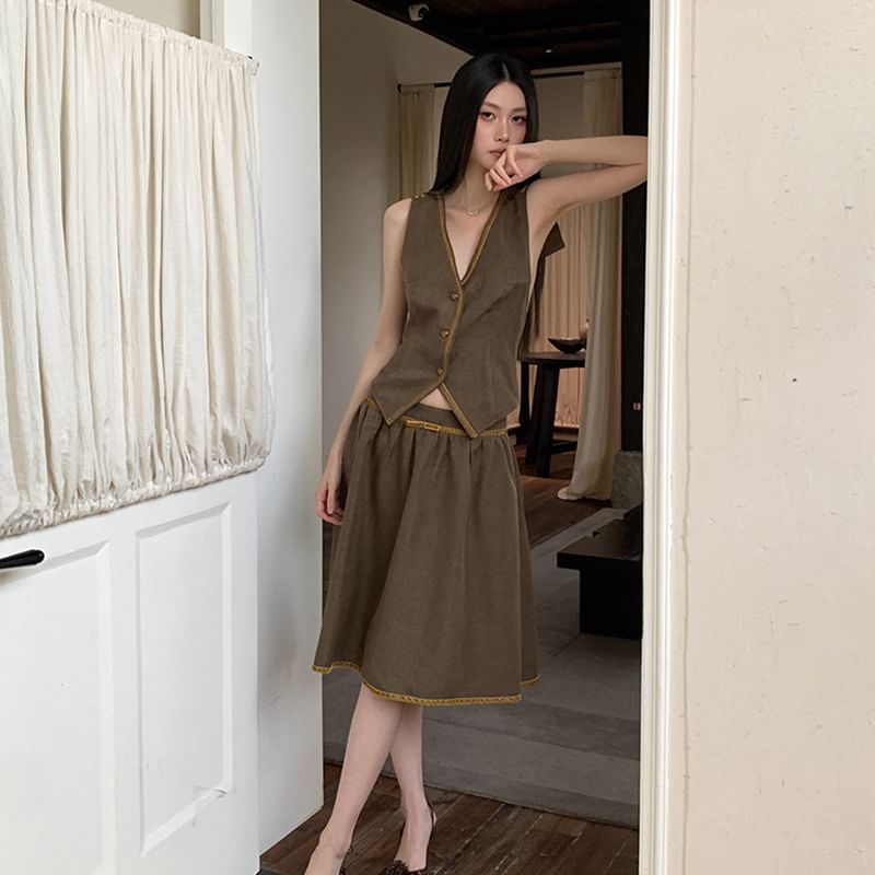 V-Neck Button-Up Vest / Mid Waist Midi A-Line Skirt