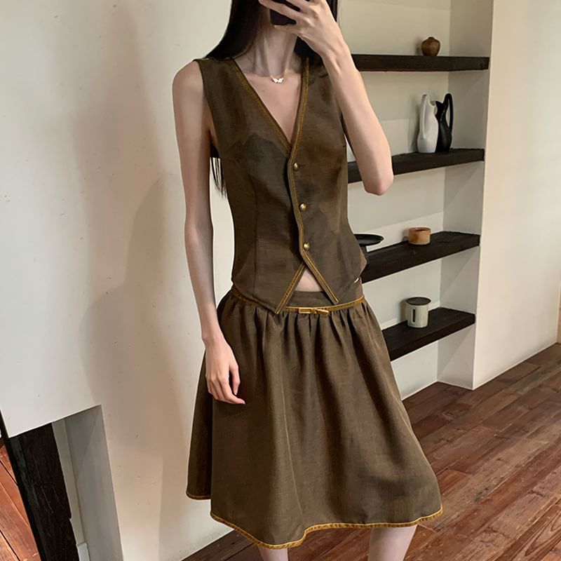 V-Neck Button-Up Vest / Mid Waist Midi A-Line Skirt