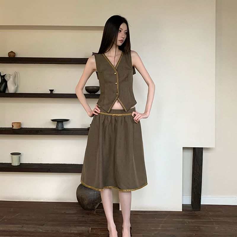 V-Neck Button-Up Vest / Mid Waist Midi A-Line Skirt