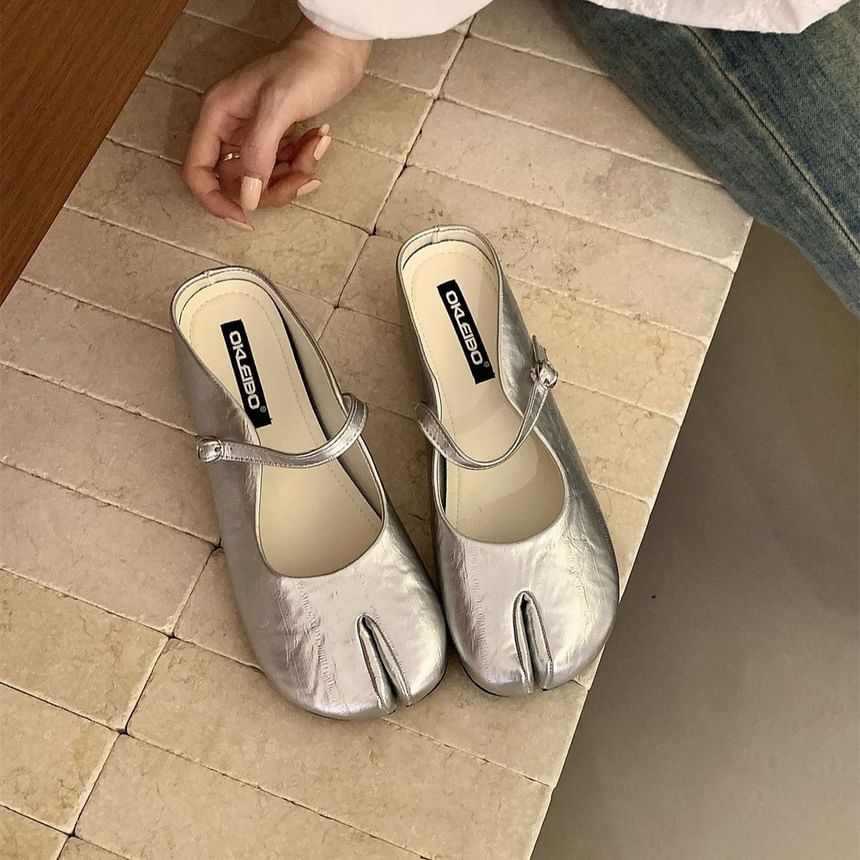 Hidden Wedge Split Toe Plain Faux Leather Mary Jane Mules