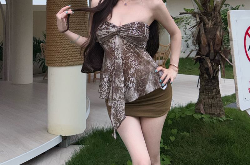 Strapless Leopard Ruched Sheer Top / Mid Rise Ruched Mini Pencil Skirt (Various Designs)