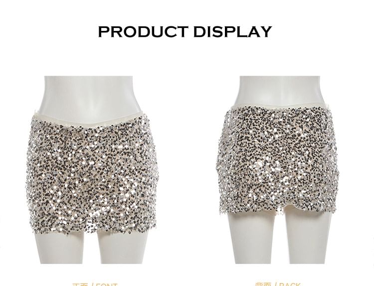 Halter Plain Fringe Crop Top / Mid Rise Sequin Mesh Mini Pencil Skirt