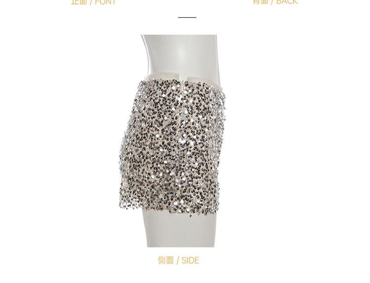 Halter Plain Fringe Crop Top / Mid Rise Sequin Mesh Mini Pencil Skirt