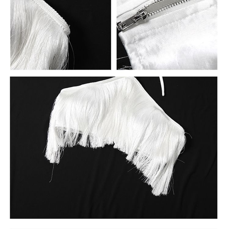 Halter Plain Fringe Crop Top / Mid Rise Sequin Mesh Mini Pencil Skirt