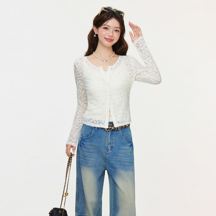 Sheer Lace Button-Front Cardigan with Cami