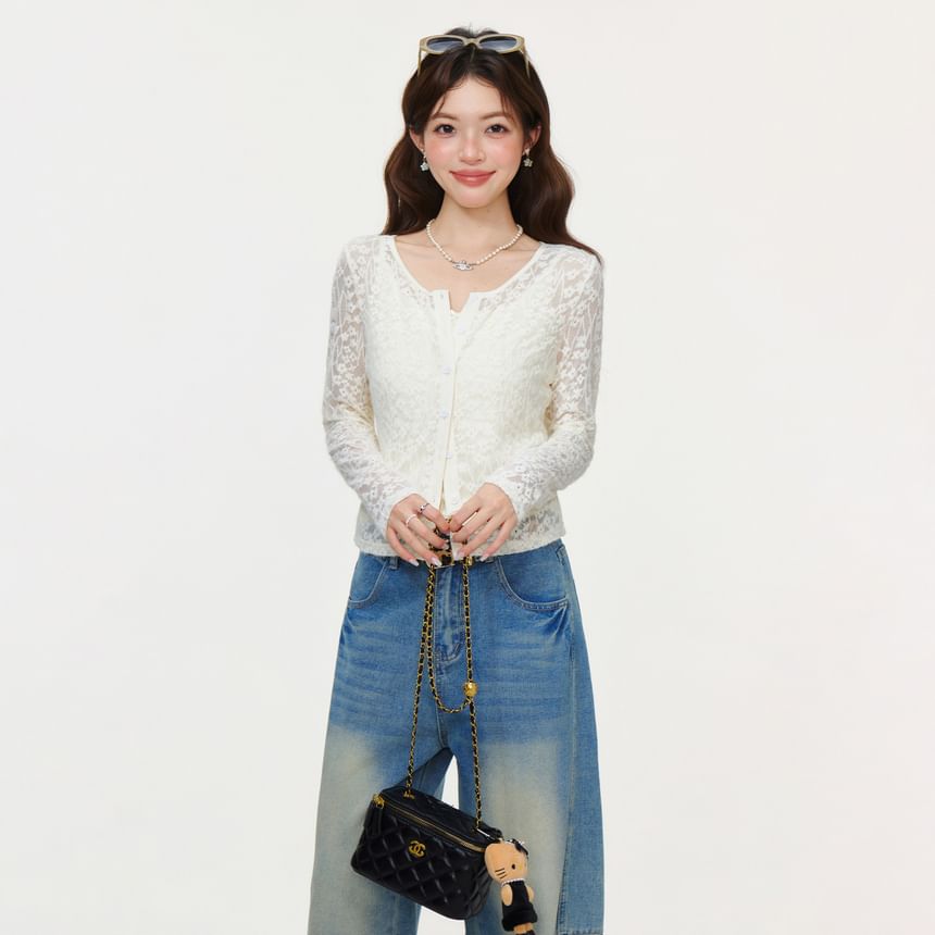 Sheer Lace Button-Front Cardigan with Cami
