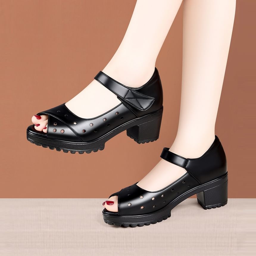 Block Heel Peep Toe Perofrated Sandals (Various Designs)