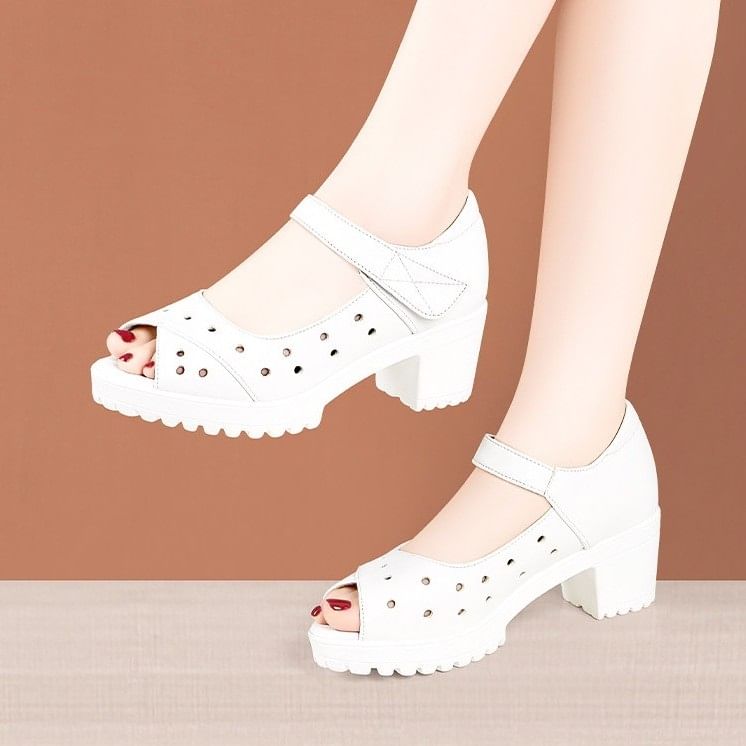 Block Heel Peep Toe Perofrated Sandals (Various Designs)