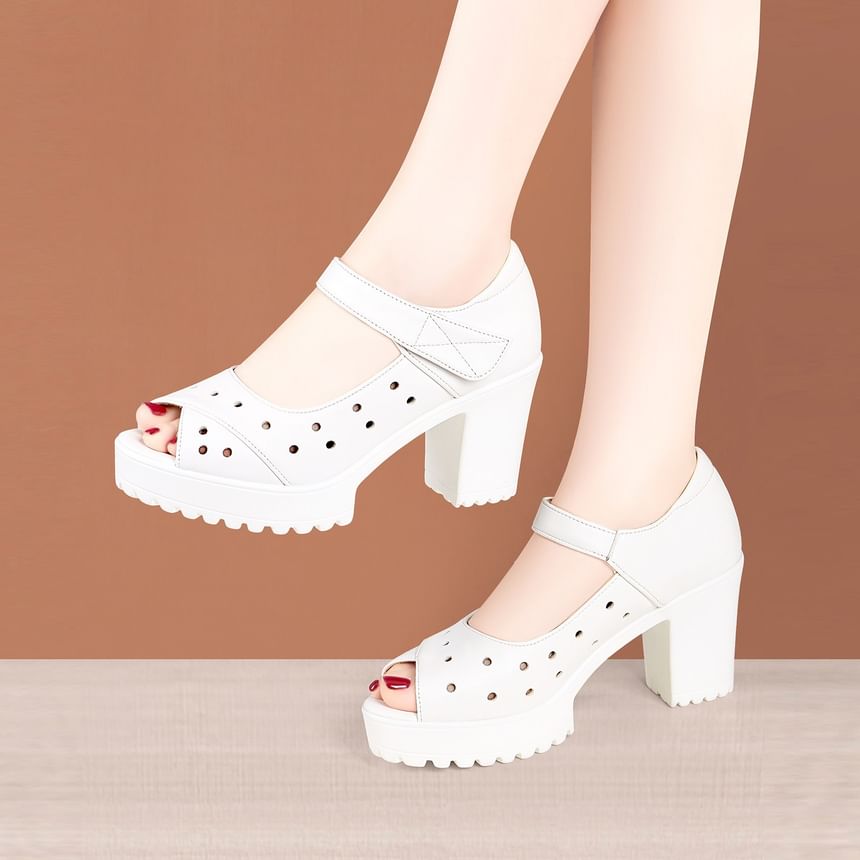Block Heel Peep Toe Perofrated Sandals (Various Designs)