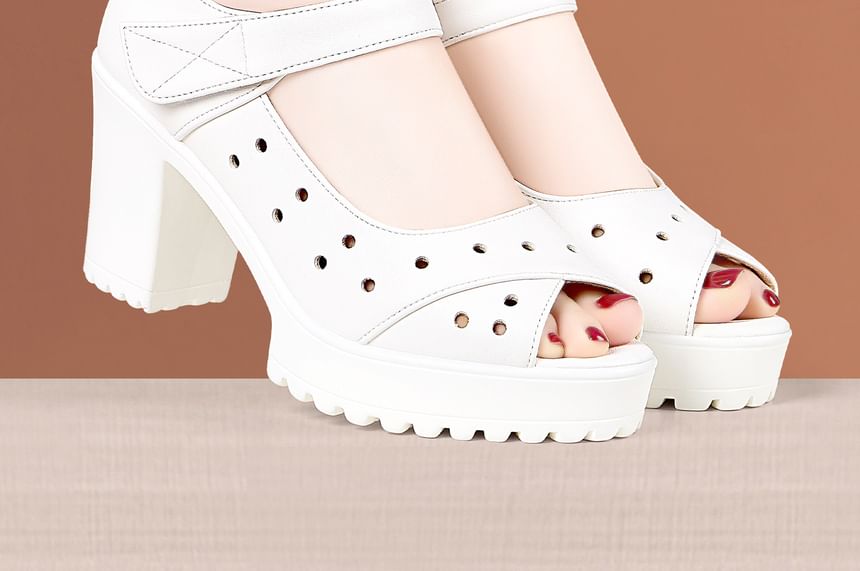Block Heel Peep Toe Perofrated Sandals (Various Designs)