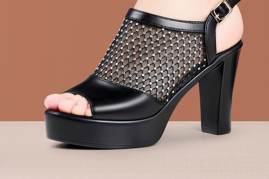 Block Heel Peep Toe Glitter Sandals