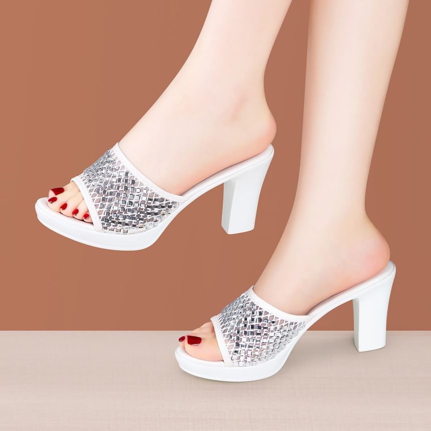 Block Heel Peep Toe Sequined Slide Sandals