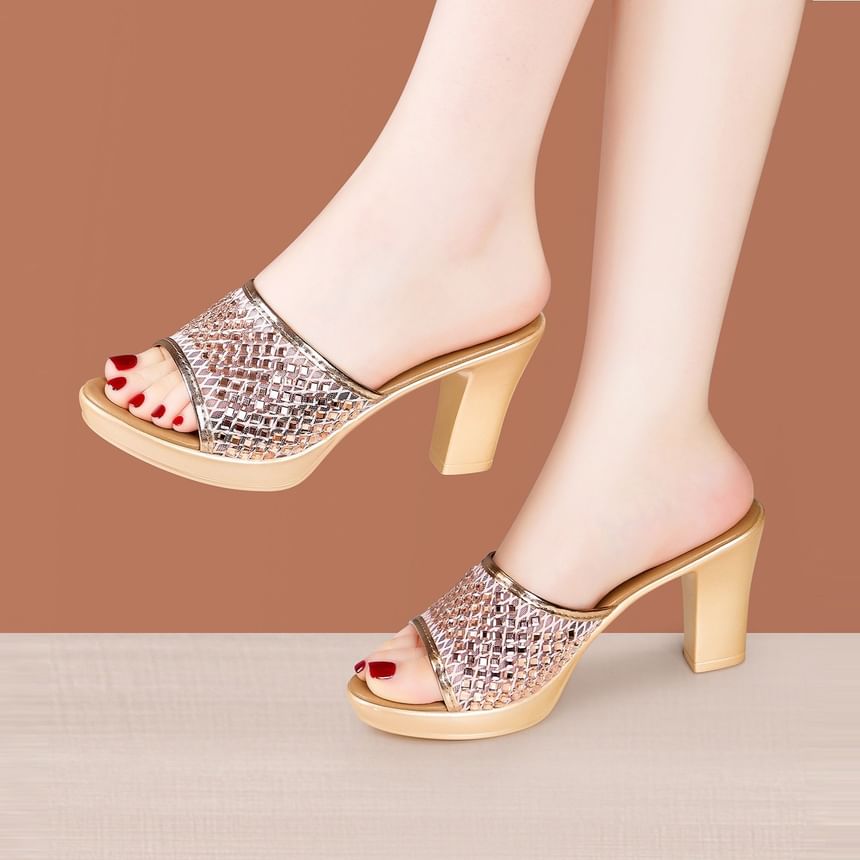 Block Heel Peep Toe Sequined Slide Sandals