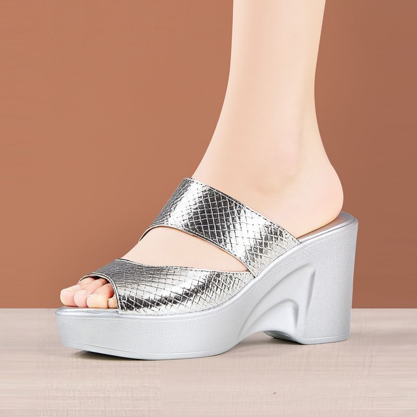 Wedge Heel Croc Grain Slide Sandals