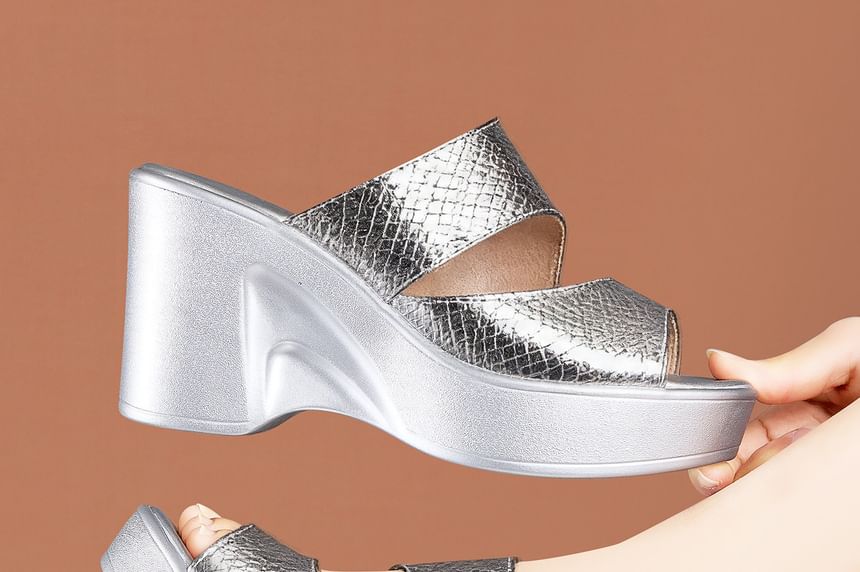 Wedge Heel Croc Grain Slide Sandals