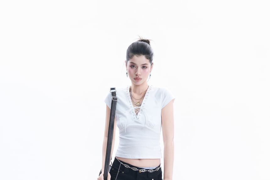 Cap-Sleeve V-Neck Lace Up Crop T-Shirt