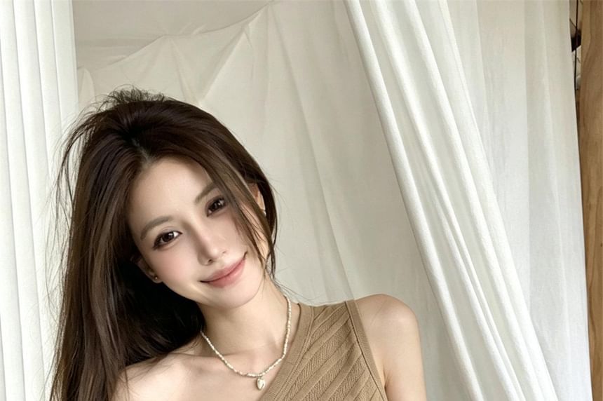 Sleeveless One Shoulder Plain Asymmetrical Ribbed Knit Top