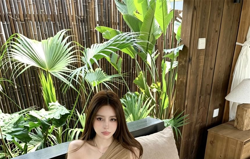 Sleeveless One Shoulder Plain Asymmetrical Ribbed Knit Top