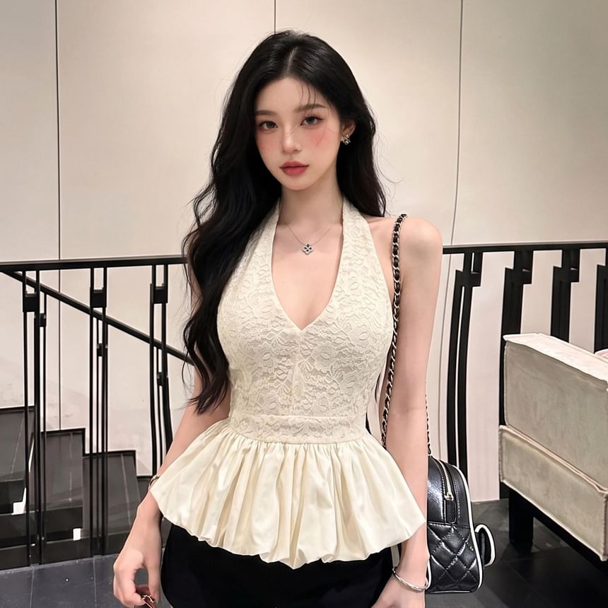 Halter V-Neck Lace Panel Bubble Top