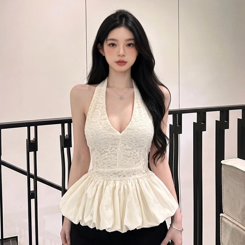 Halter V-Neck Lace Panel Bubble Top