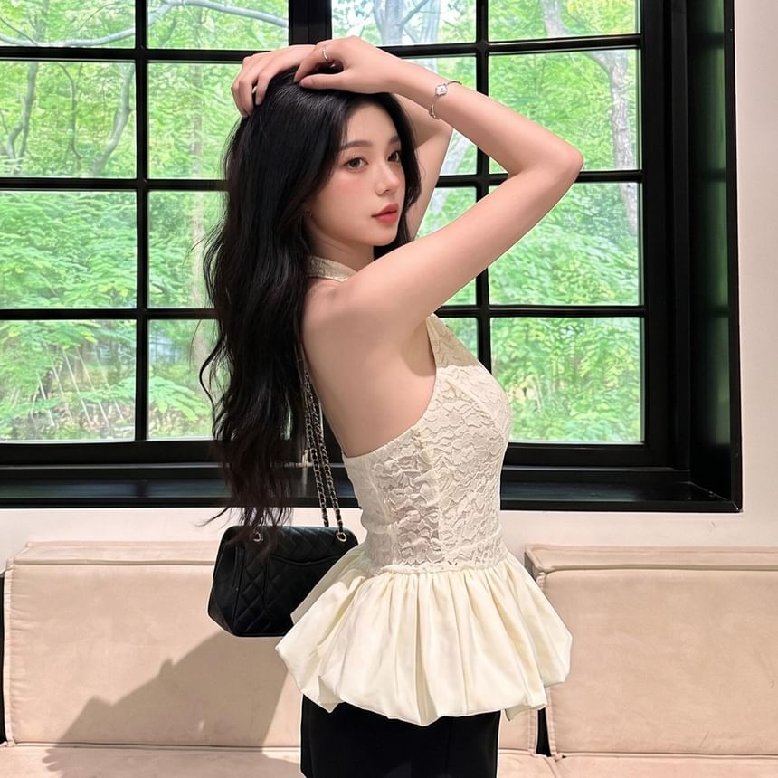 Halter V-Neck Lace Panel Bubble Top
