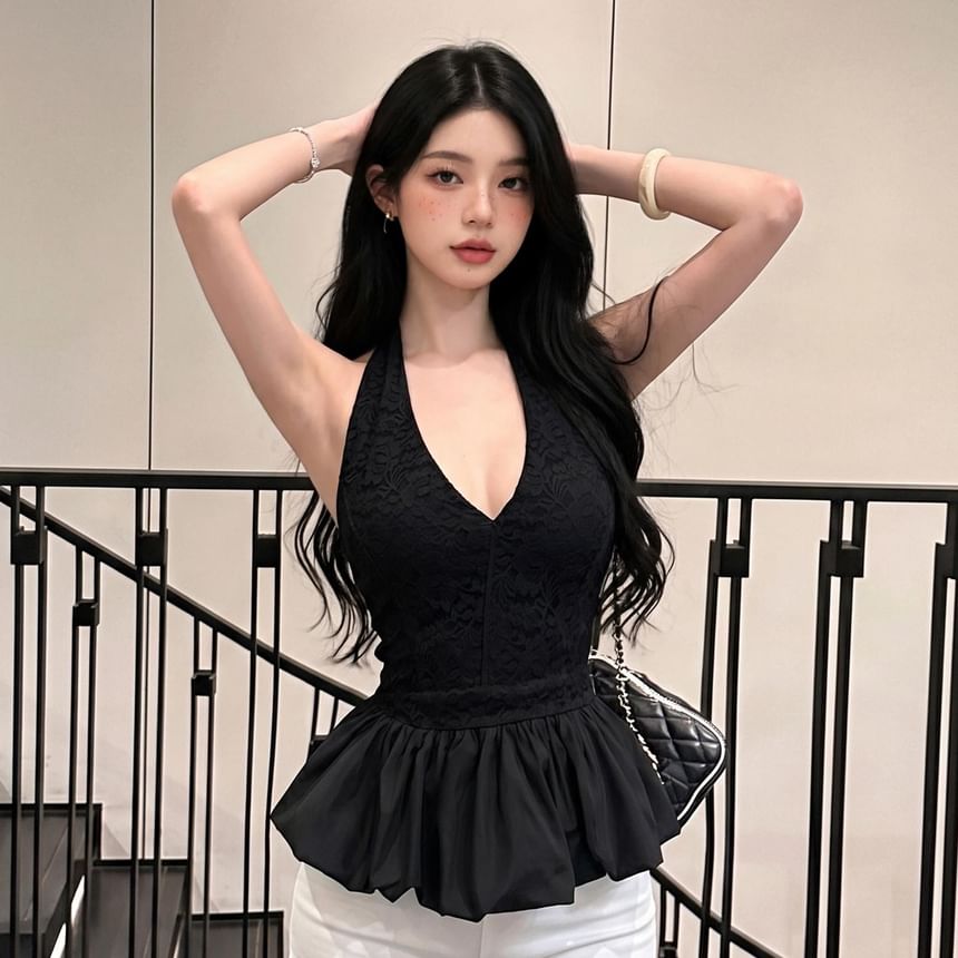 Halter V-Neck Lace Panel Bubble Top