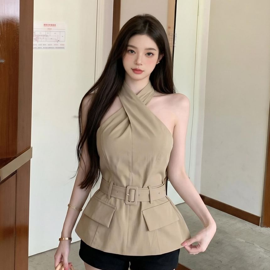 Halter Neck Plain Cross Tie Waist Top