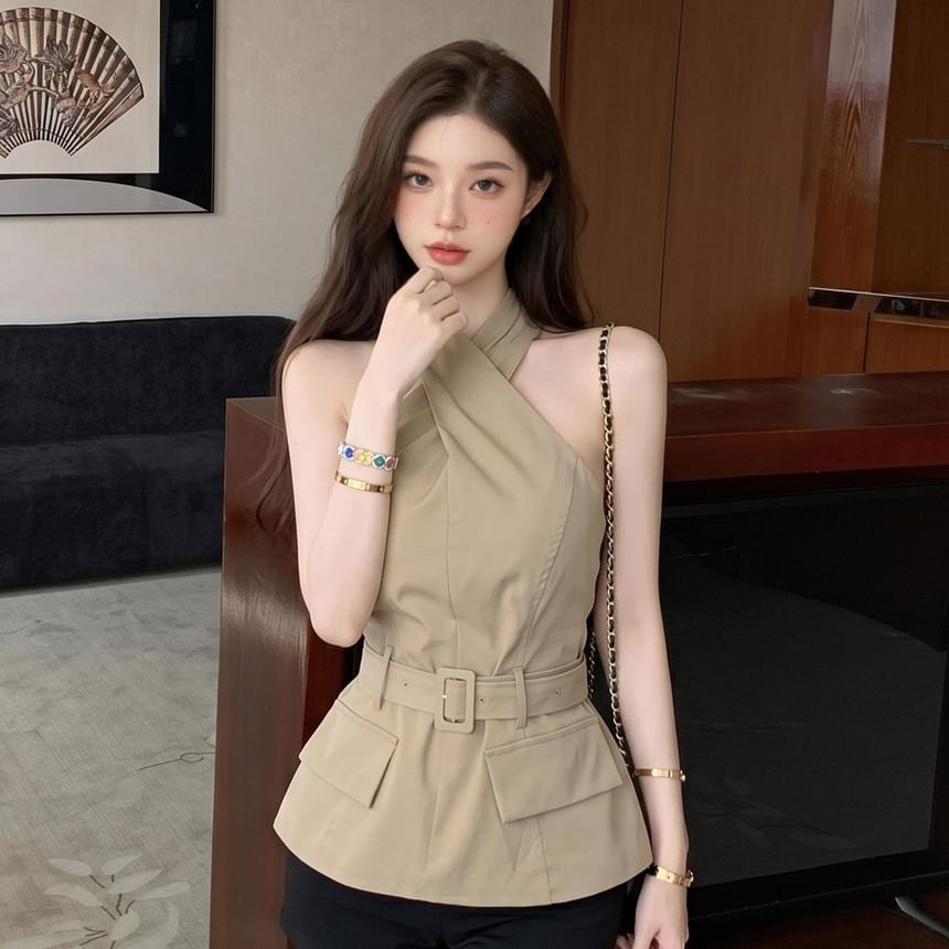 Halter Neck Plain Cross Tie Waist Top