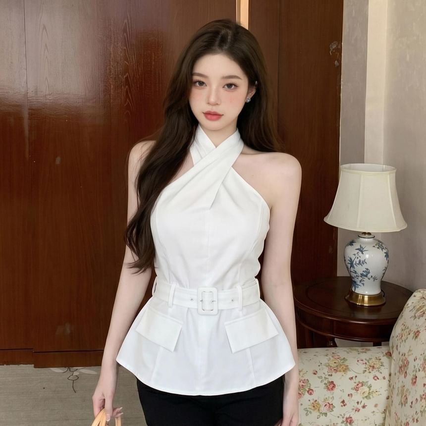 Halter Neck Plain Cross Tie Waist Top