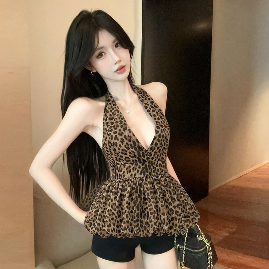 Halter V-Neck Leopard Print Bubble Top