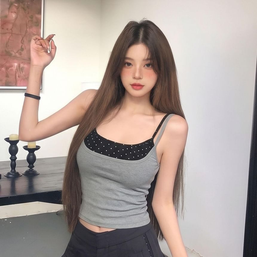 Spaghetti Strap Square Neck Dotted Panel Camisole Top