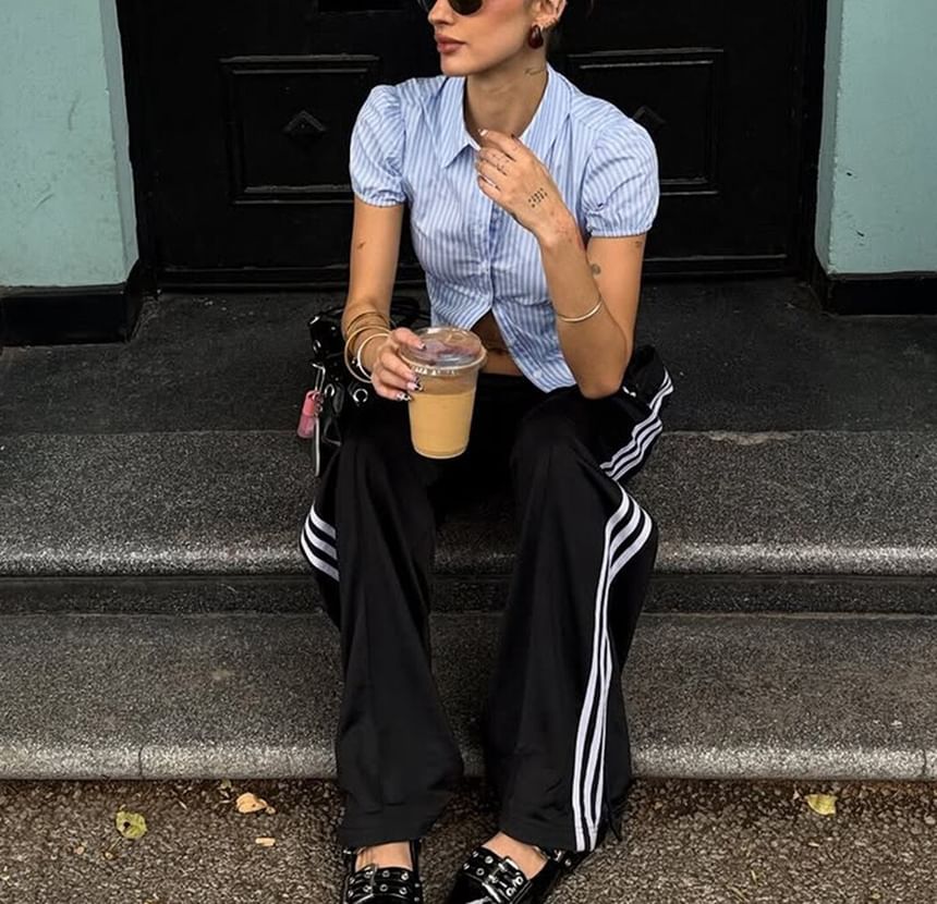 Striped Puff Sleeve Crop Top