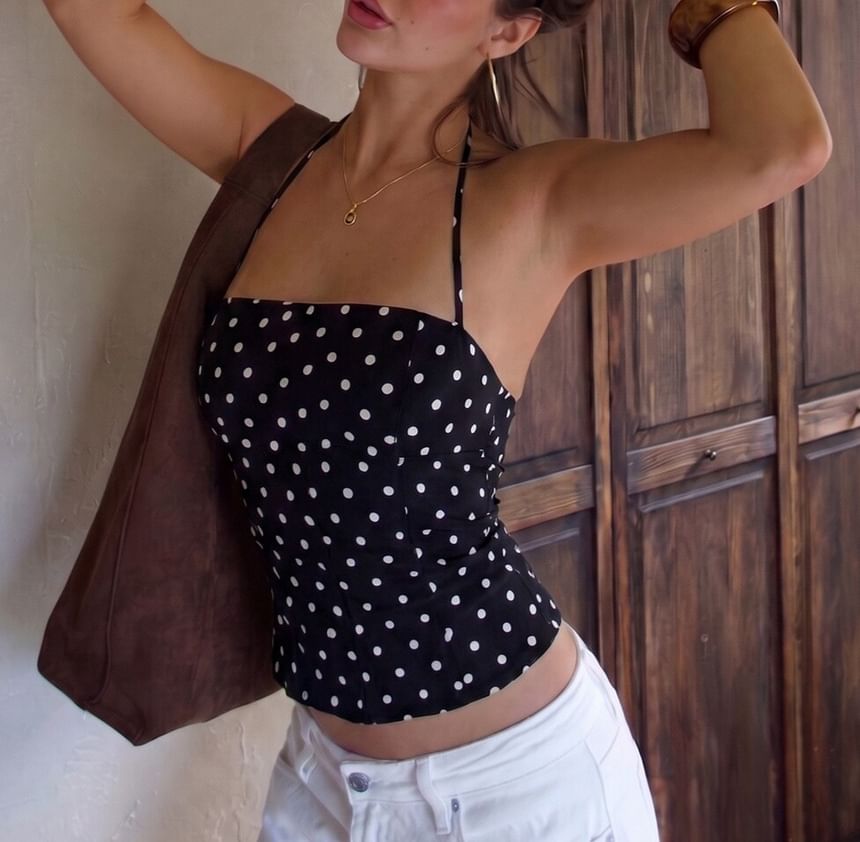 Halter Neck Polka Dot Slim Crop Camisole Top