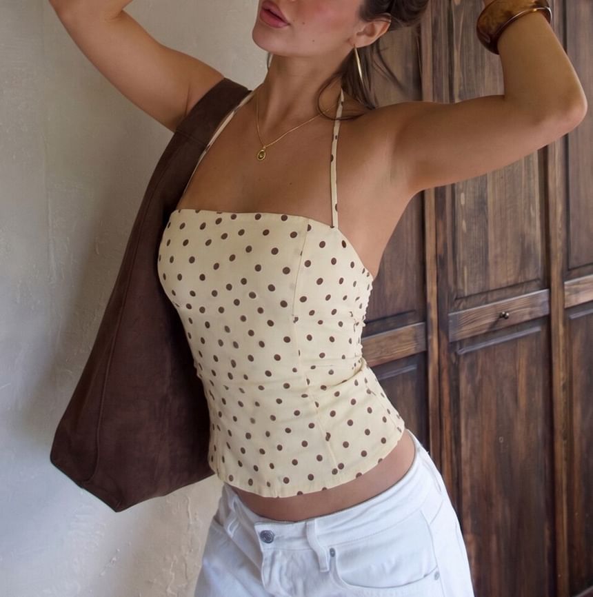 Halter Neck Polka Dot Slim Crop Camisole Top