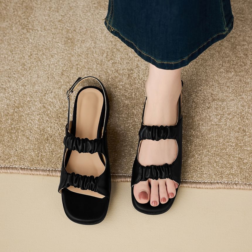Low Heel Square Toe Plain Ruched Faux Leather Slingback Sandals