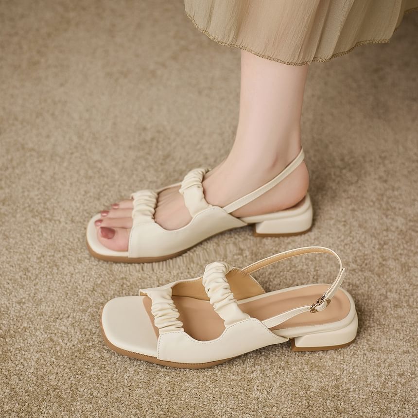 Low Heel Square Toe Plain Ruched Faux Leather Slingback Sandals