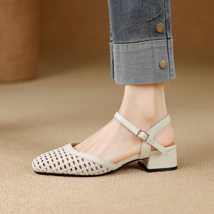 Chunky Heel Square Toe Plain Perforated Faux Leather Sandals