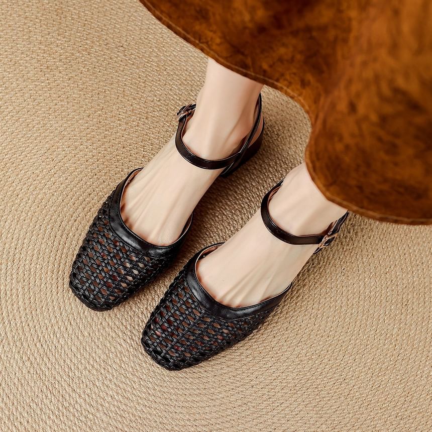 Chunky Heel Square Toe Plain Perforated Faux Leather Sandals
