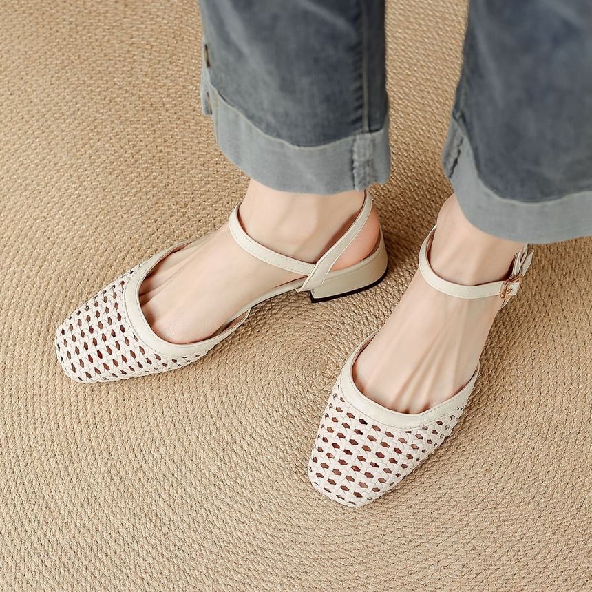 Chunky Heel Square Toe Plain Perforated Faux Leather Sandals