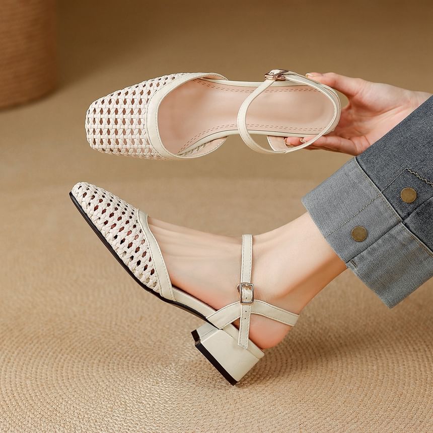 Chunky Heel Square Toe Plain Perforated Faux Leather Sandals