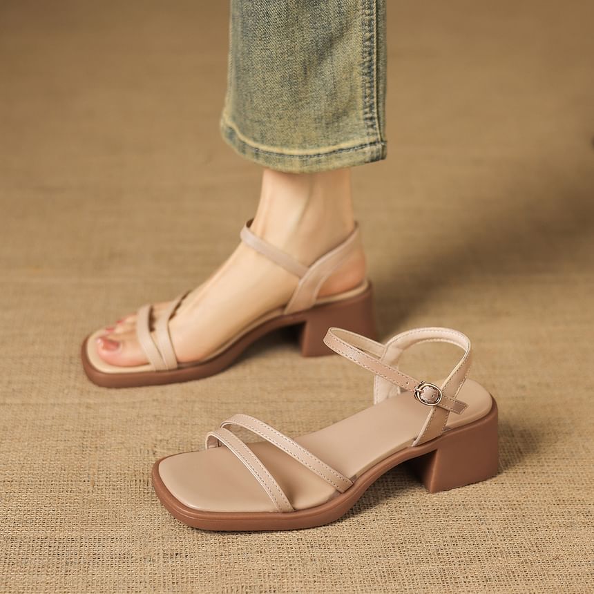 Chunky Heel Square Toe Faux Leather Sandals