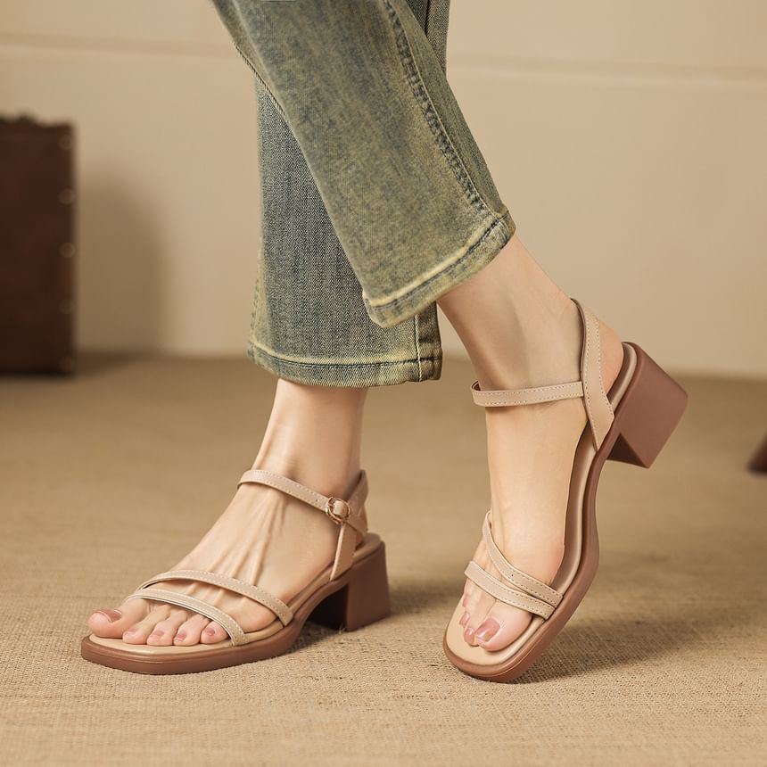 Chunky Heel Square Toe Faux Leather Sandals