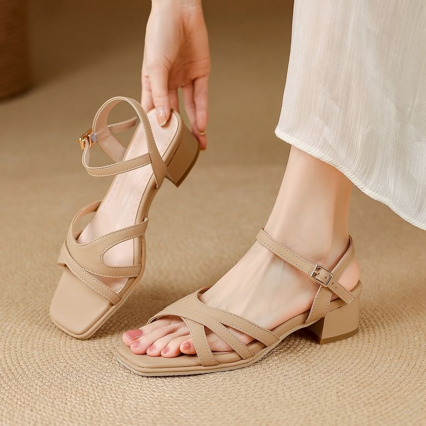 Chunky Heel Square Toe Plain Faux Leather Sandals